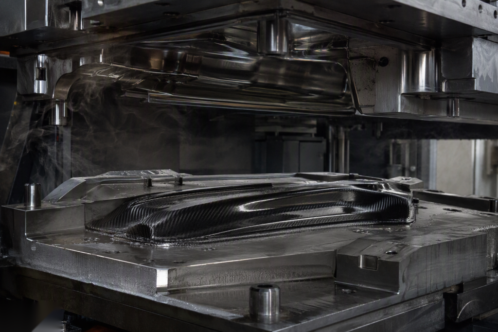 Compression molding carbon fiber in a steel mold