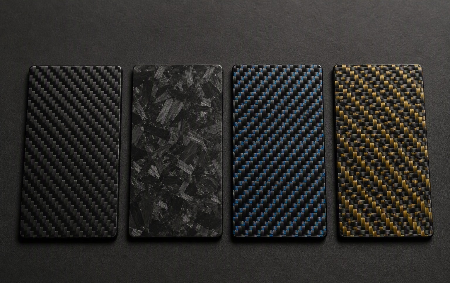 Carbon fiber color options comparison: black twill, forged carbon, blue tinted and gold kevlar hybrid samples