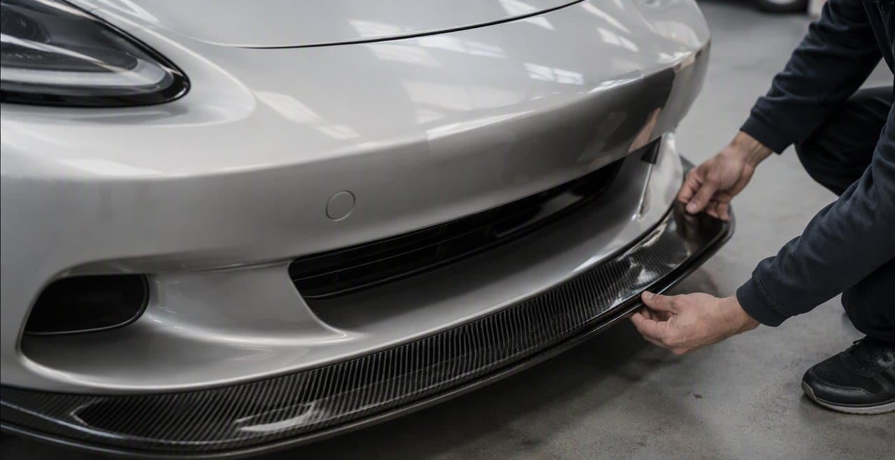 Carbon fiber front lip prototype fitment on a sports car