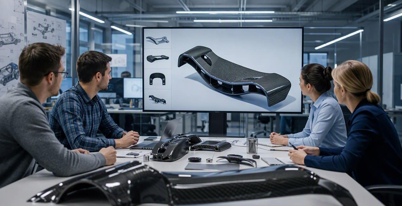 Engineering team reviewing a carbon fiber prototype project