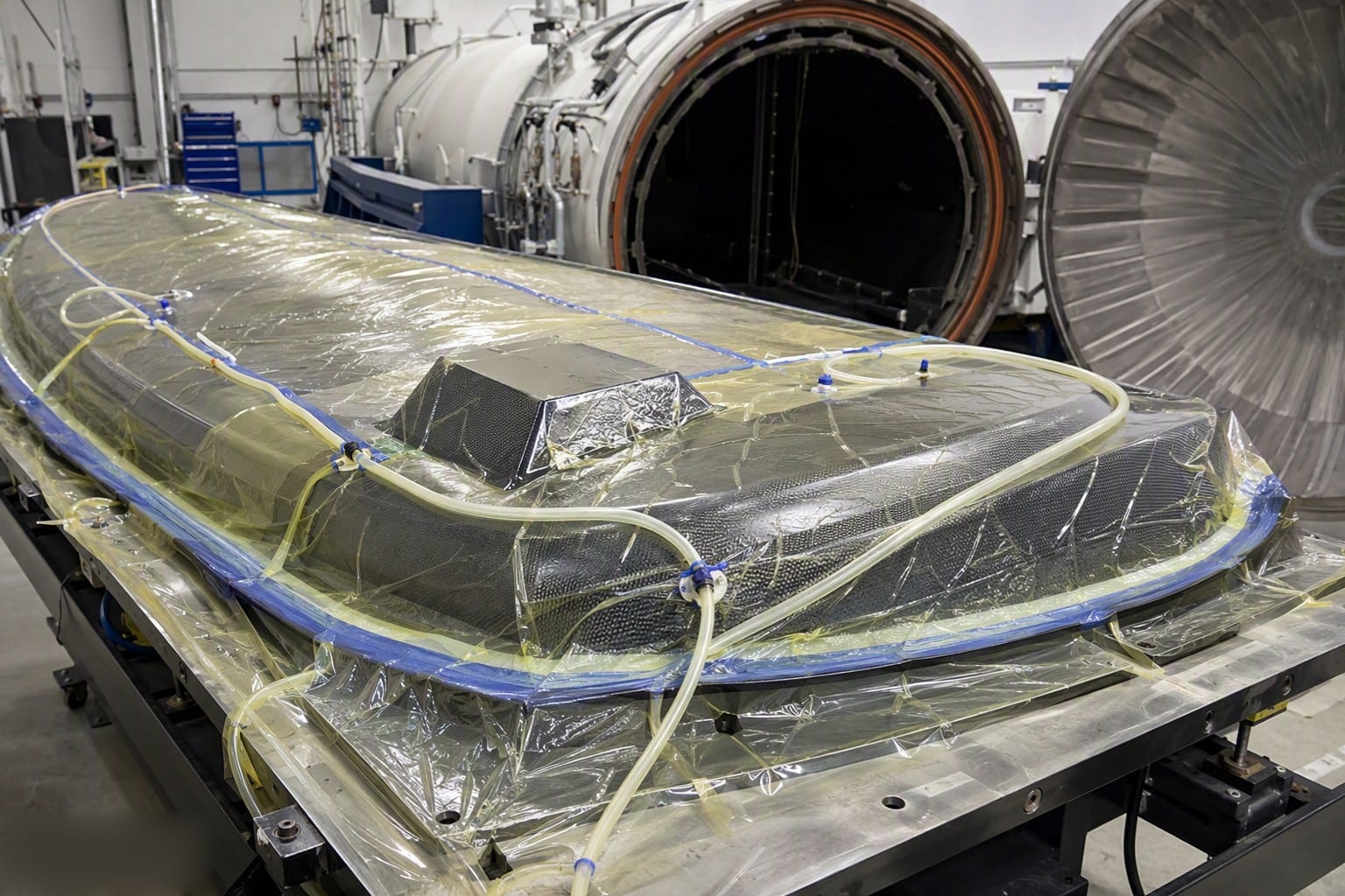 Carbon fiber autoclave curing mold with vacuum bagging prepared for high-temperature cure