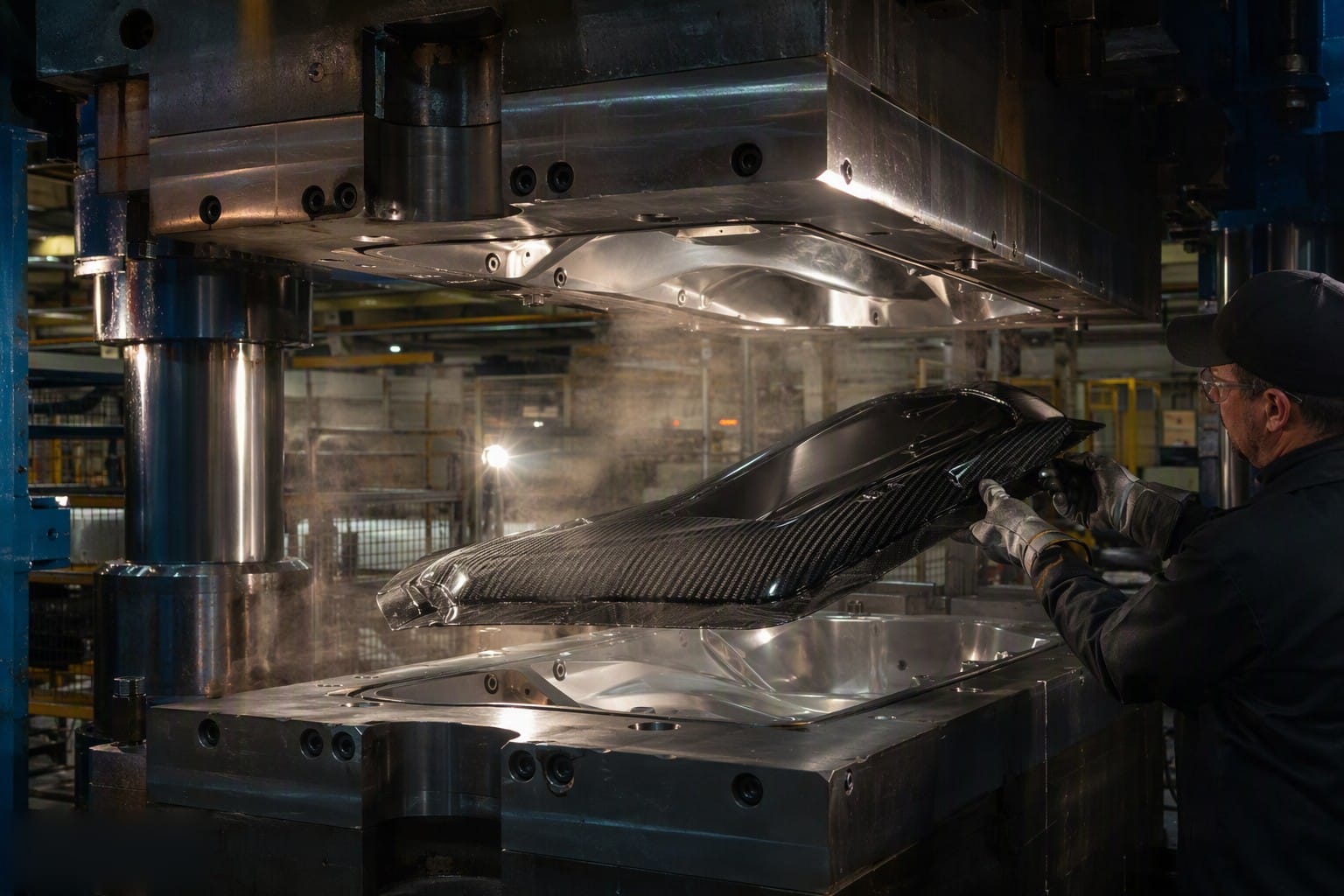 Matched steel compression curing mold in a hot press forming a carbon fiber panel