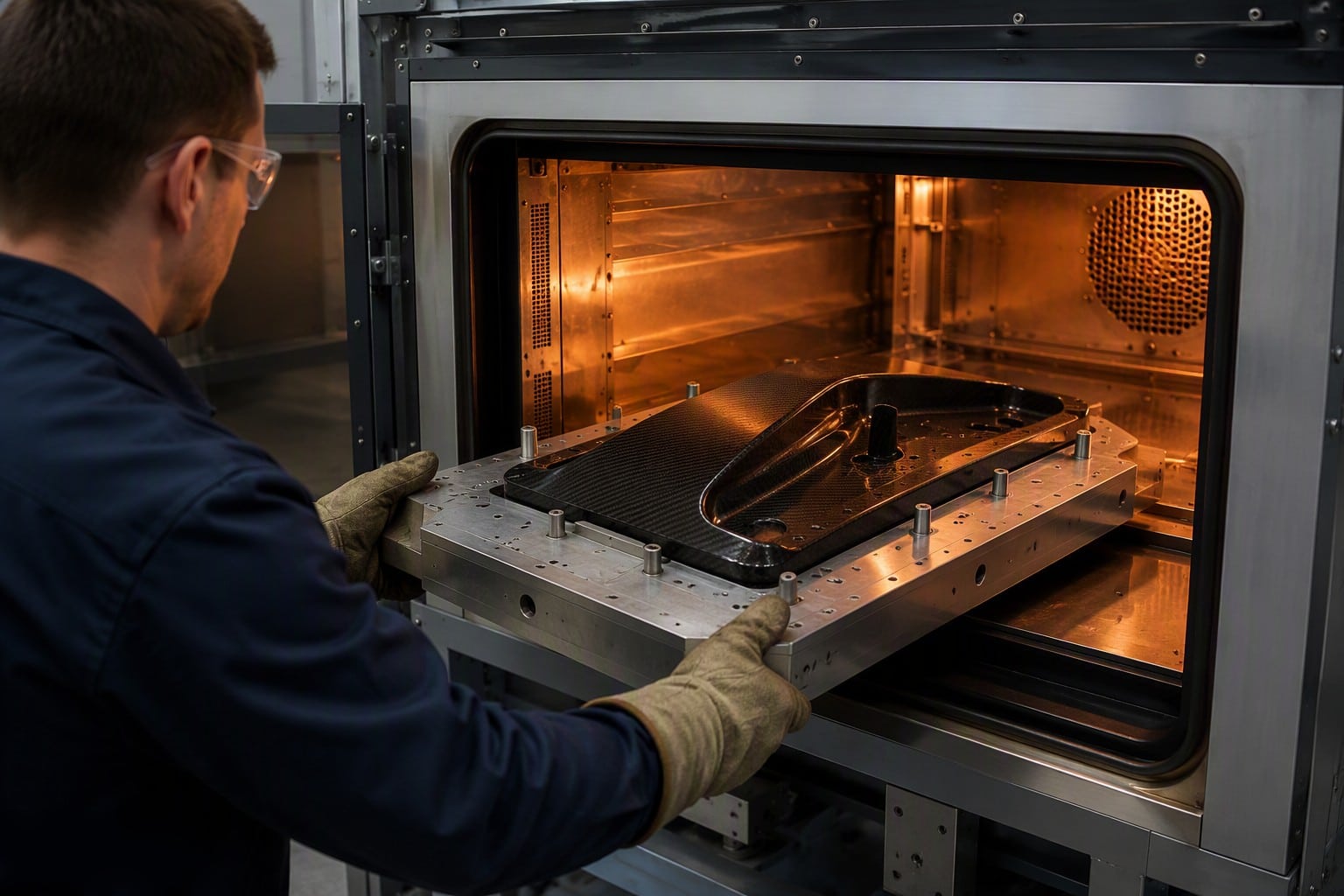 Oven cure mold being loaded into an industrial curing oven for out-of-autoclave processing