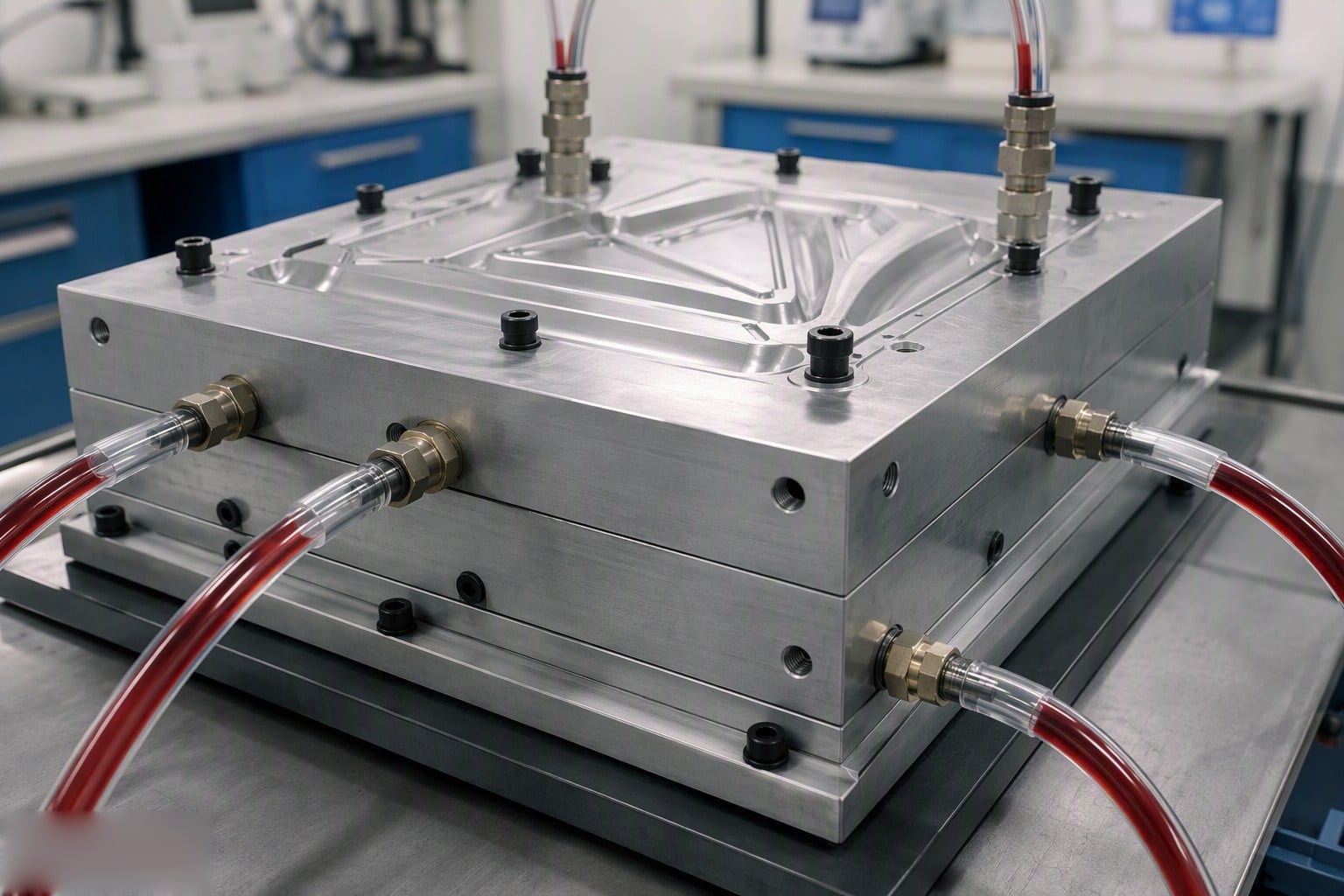 RTM resin transfer molding tool with injection ports and hoses on a closed mold