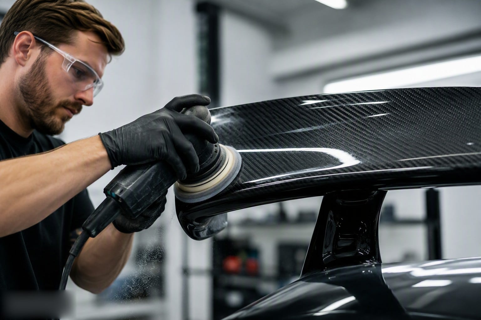 Worker polishing carbon fiber part with epoxy resin grinding tools
