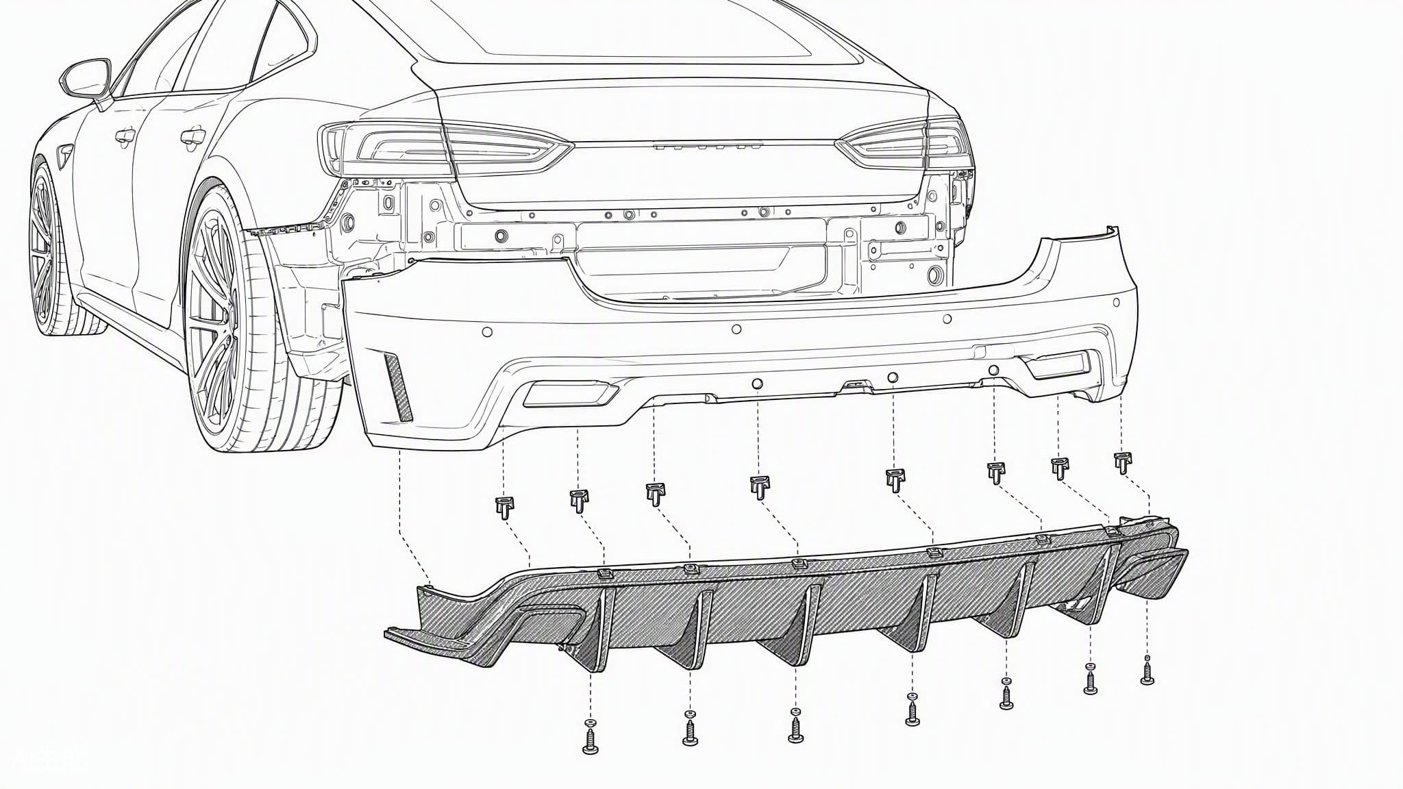 Rear bumper removal and carbon fiber diffuser mounting points diagram