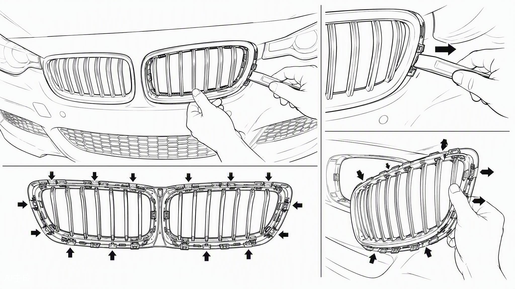 Carbon fiber grille removal and clip position diagram