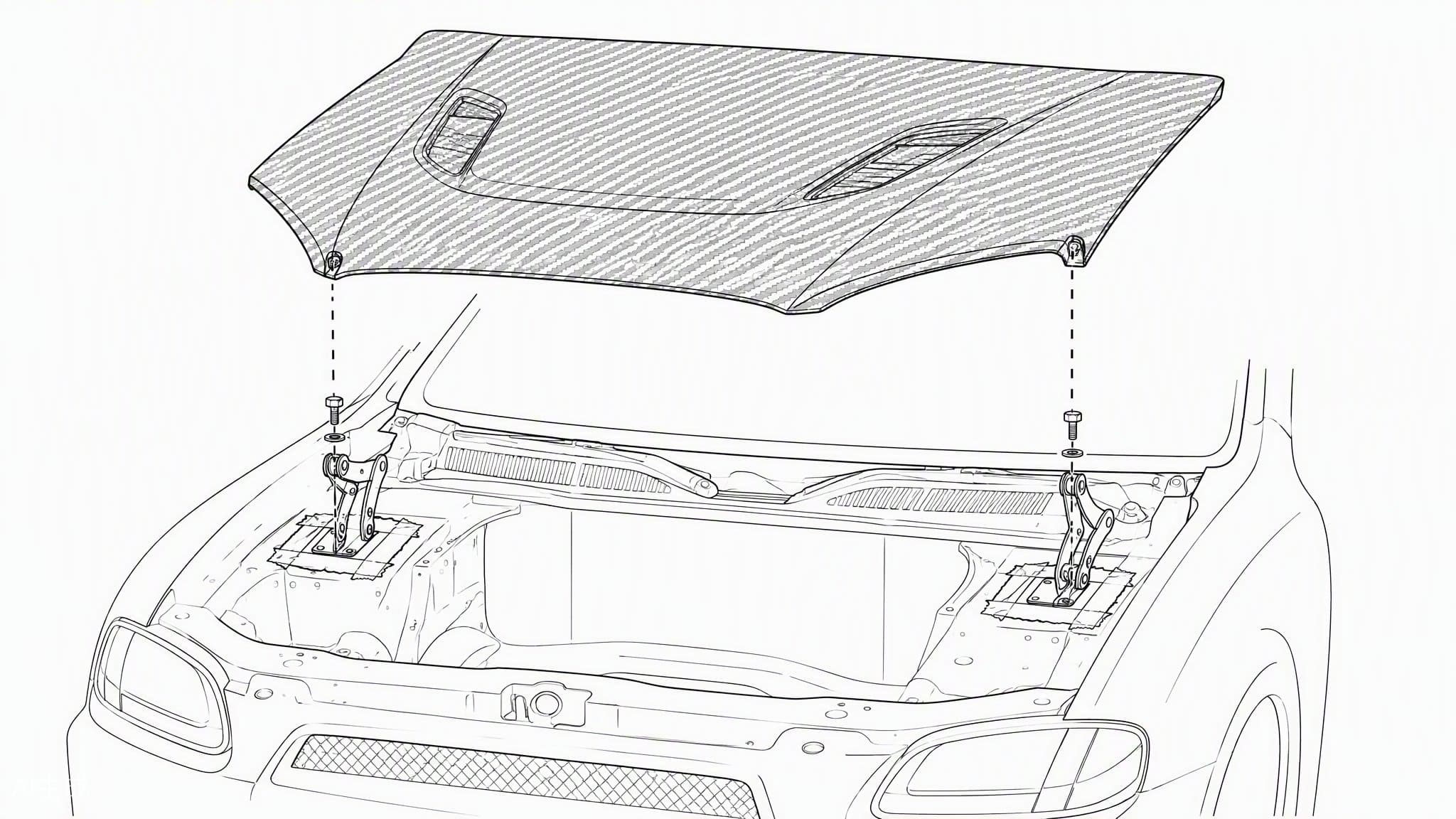 Carbon fiber hood factory hinge mounting diagram