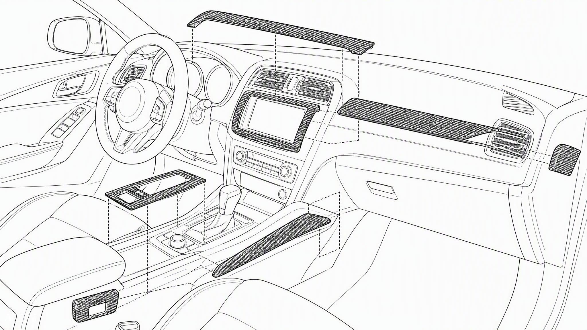 Carbon fiber interior trim overlay placement diagram