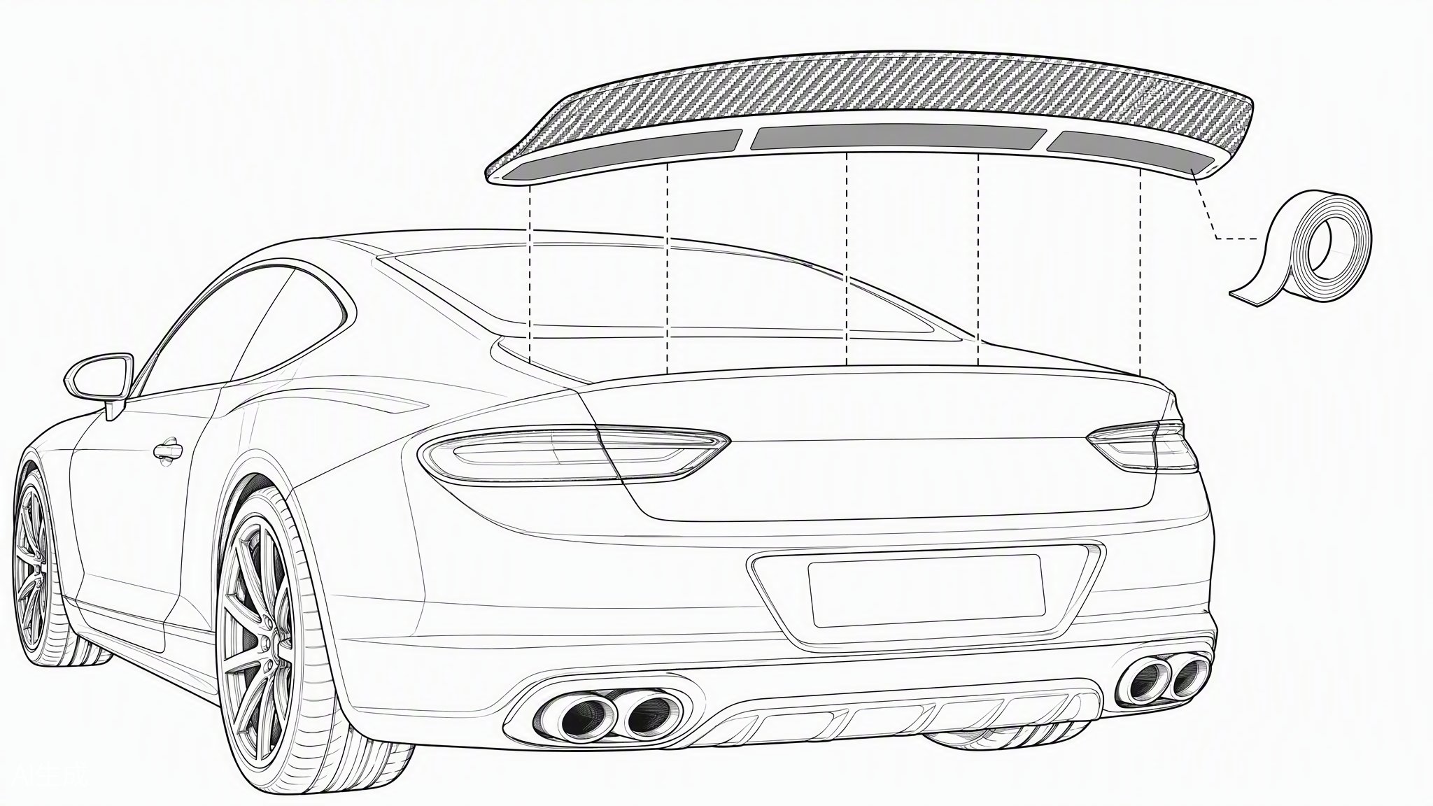 Carbon fiber rear spoiler tape mounting zones diagram