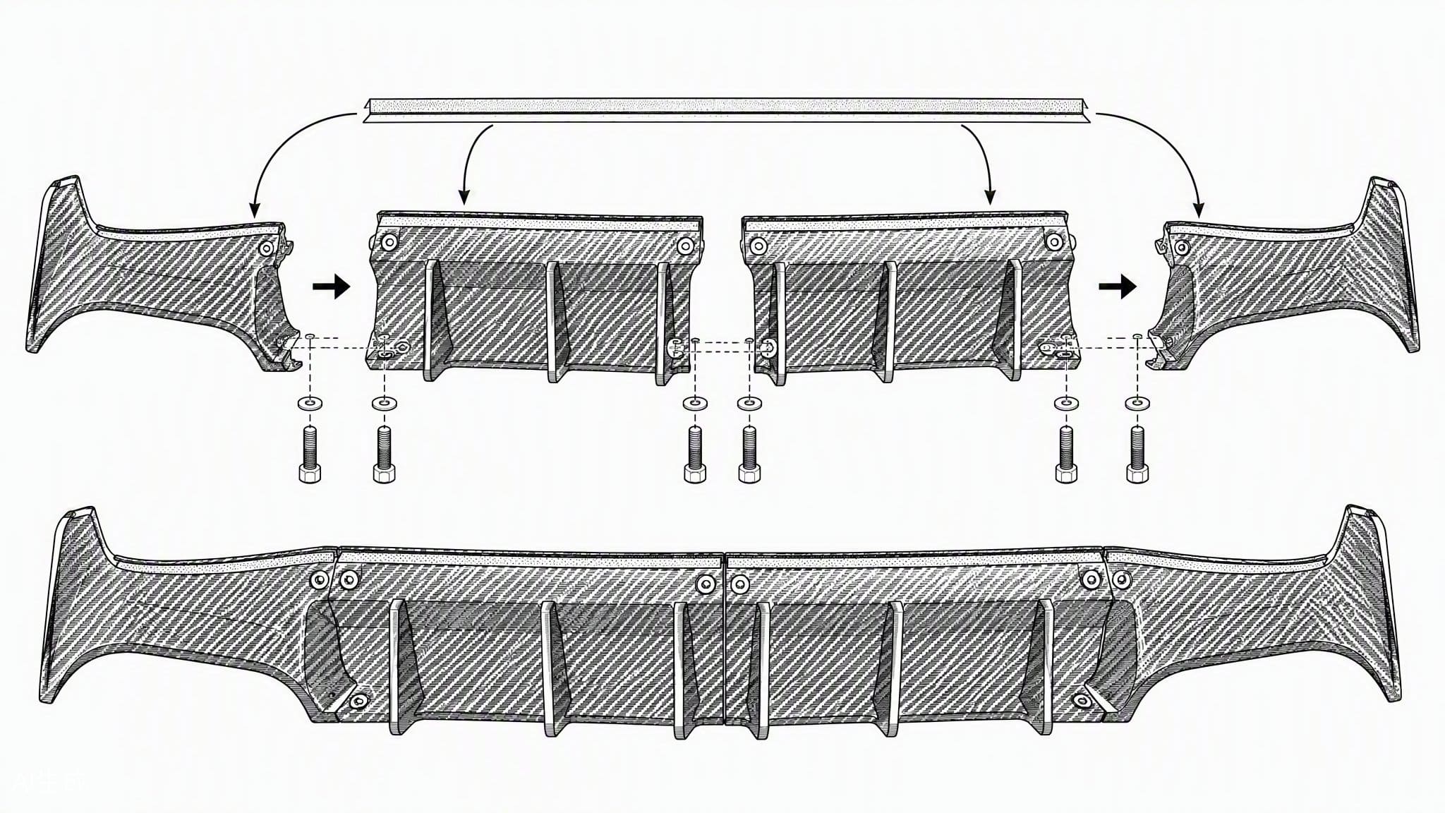 Multi-piece carbon fiber diffuser section assembly diagram