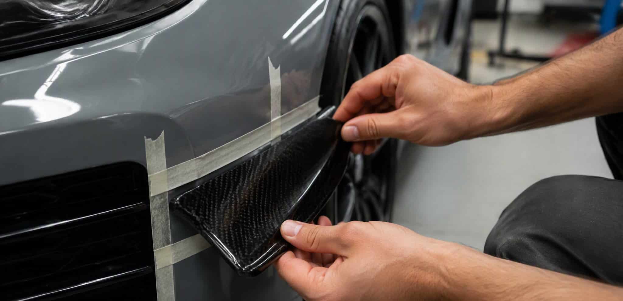 Pressing a carbon fiber canard onto the front bumper corner