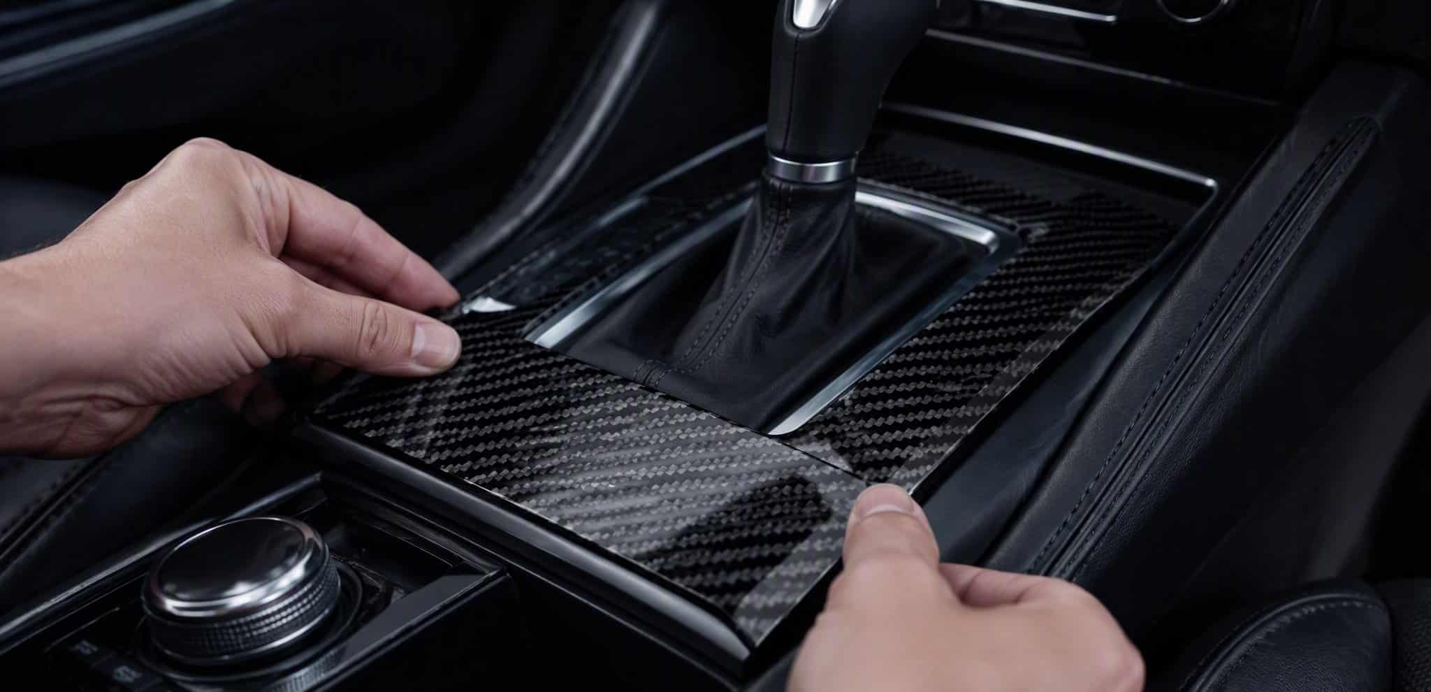 Pressing a carbon fiber trim overlay onto the center console