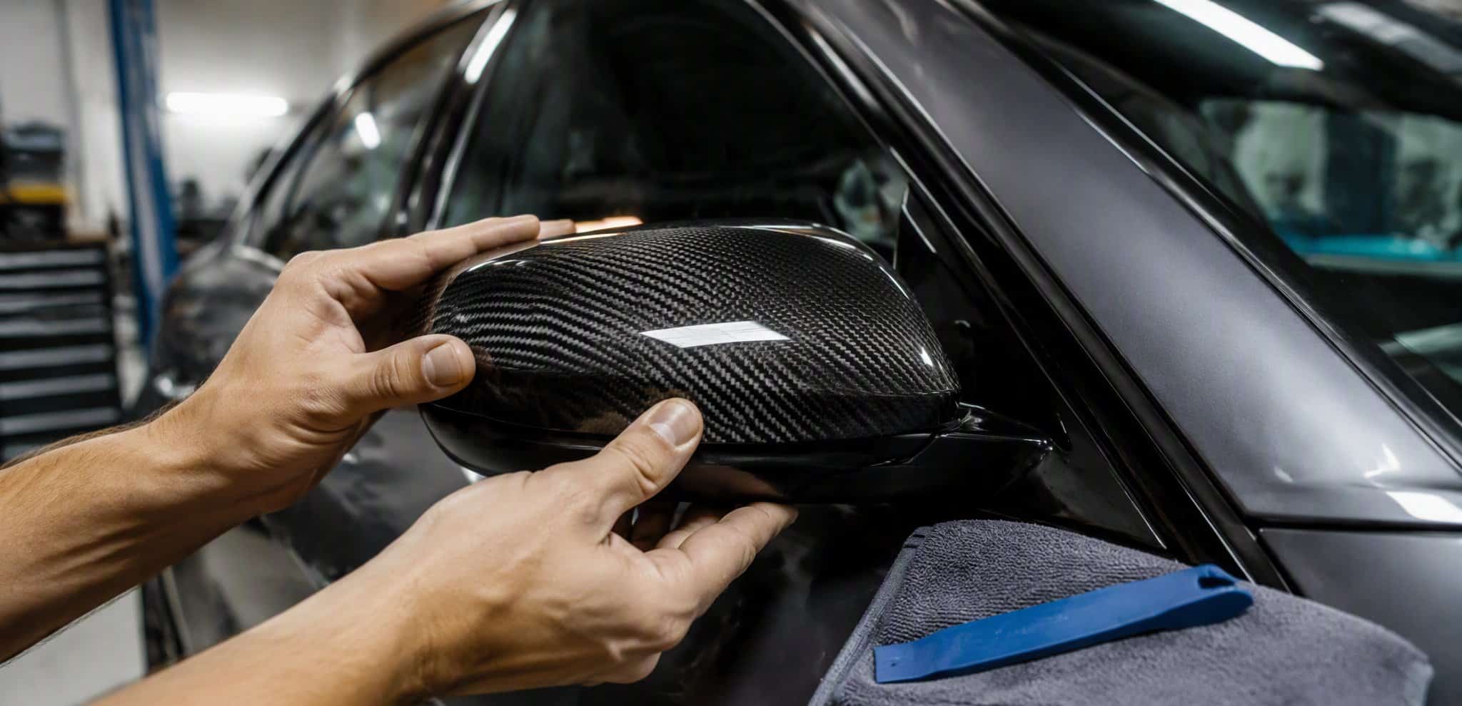 Pressing a carbon fiber mirror cover onto the side mirror