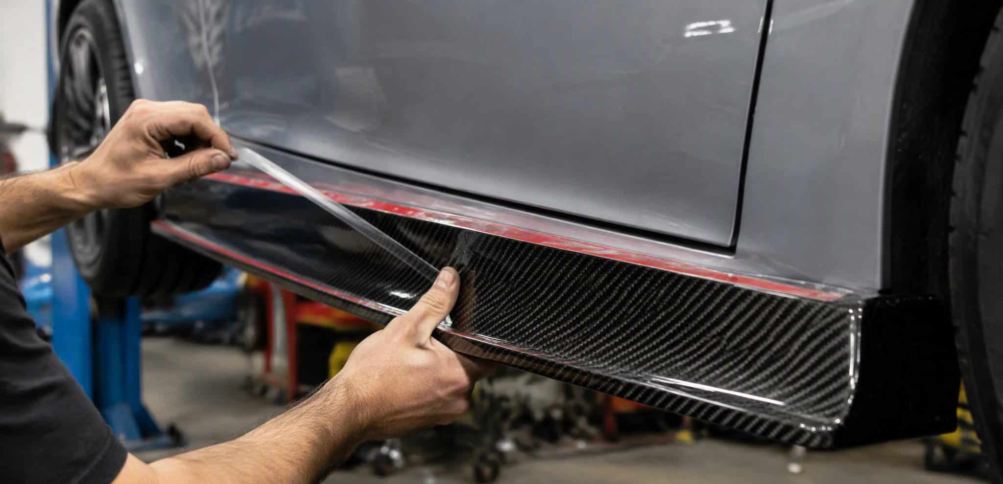 Pressing a carbon fiber side skirt onto the rocker panel with 3M tape