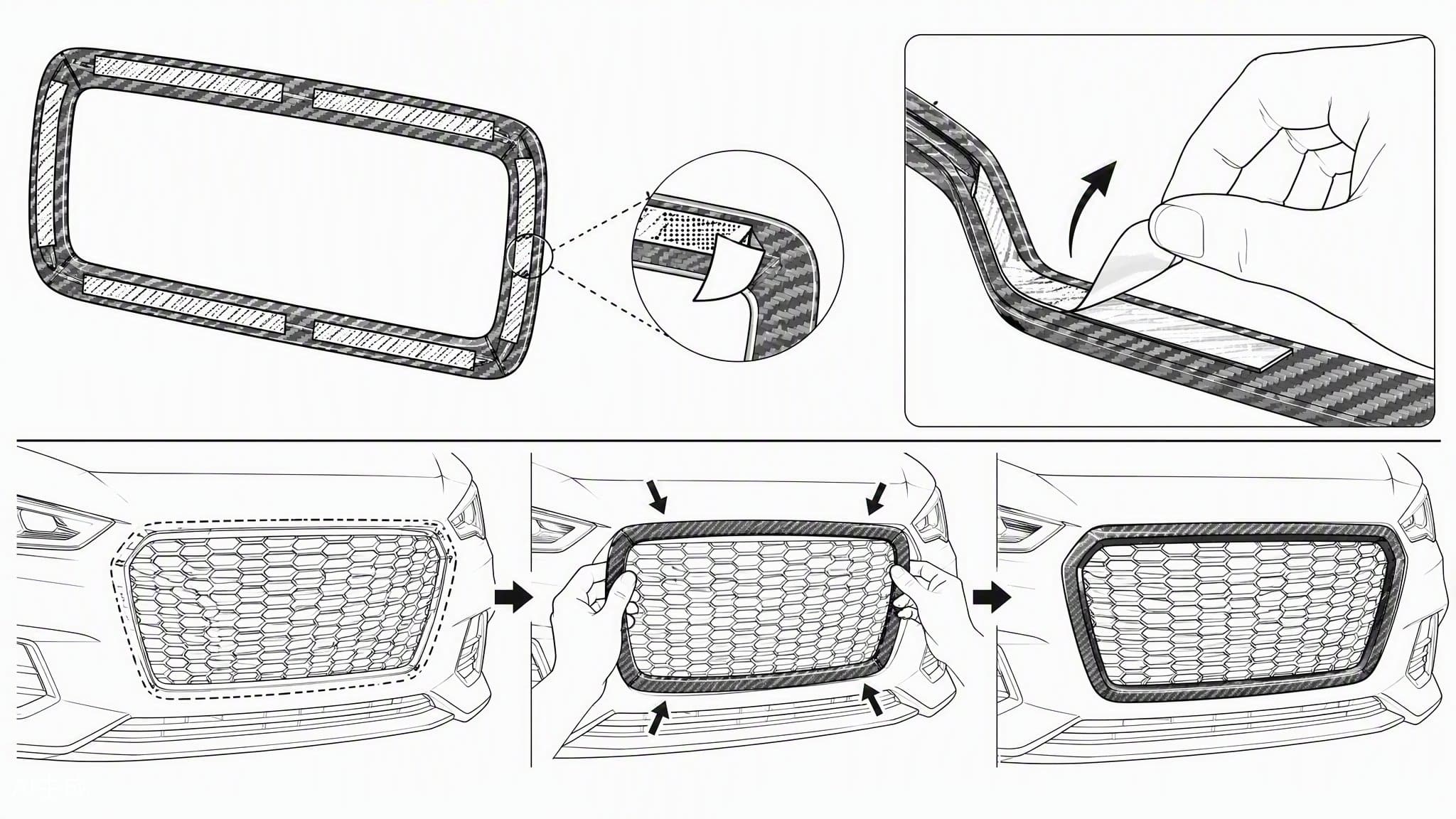 Stick-on grille frame adhesive tape zones diagram