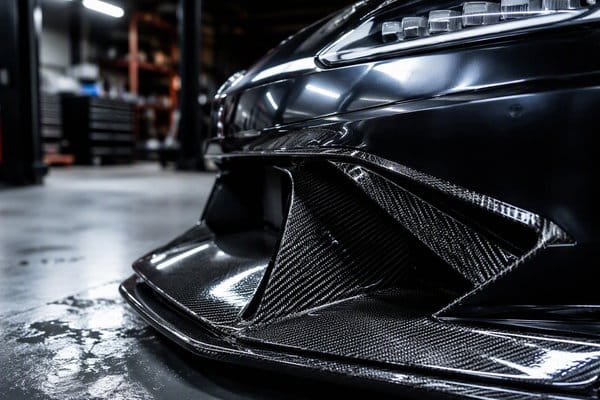 Carbon fiber automotive trim panel and front splitter on a sports car
