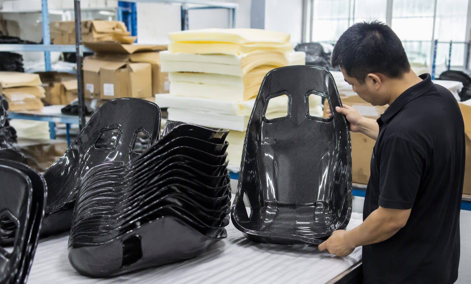 Inspection on carbon fiber seat back shells at the JC AUTOCARBON factory