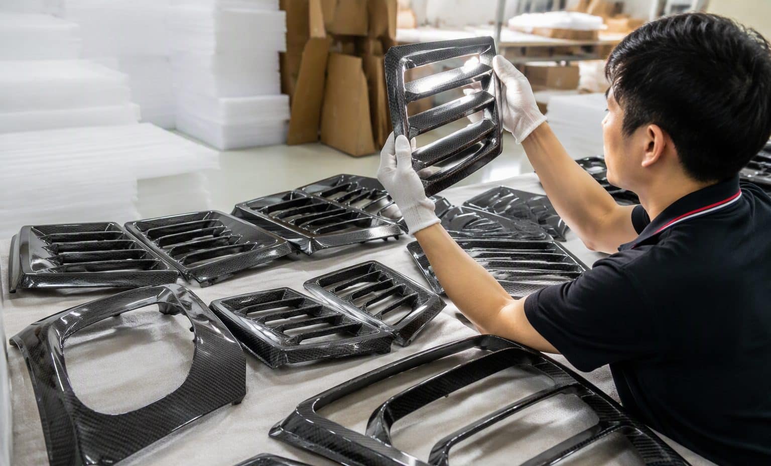 Inspection on carbon fiber vent trims at the JC AUTOCARBON factory