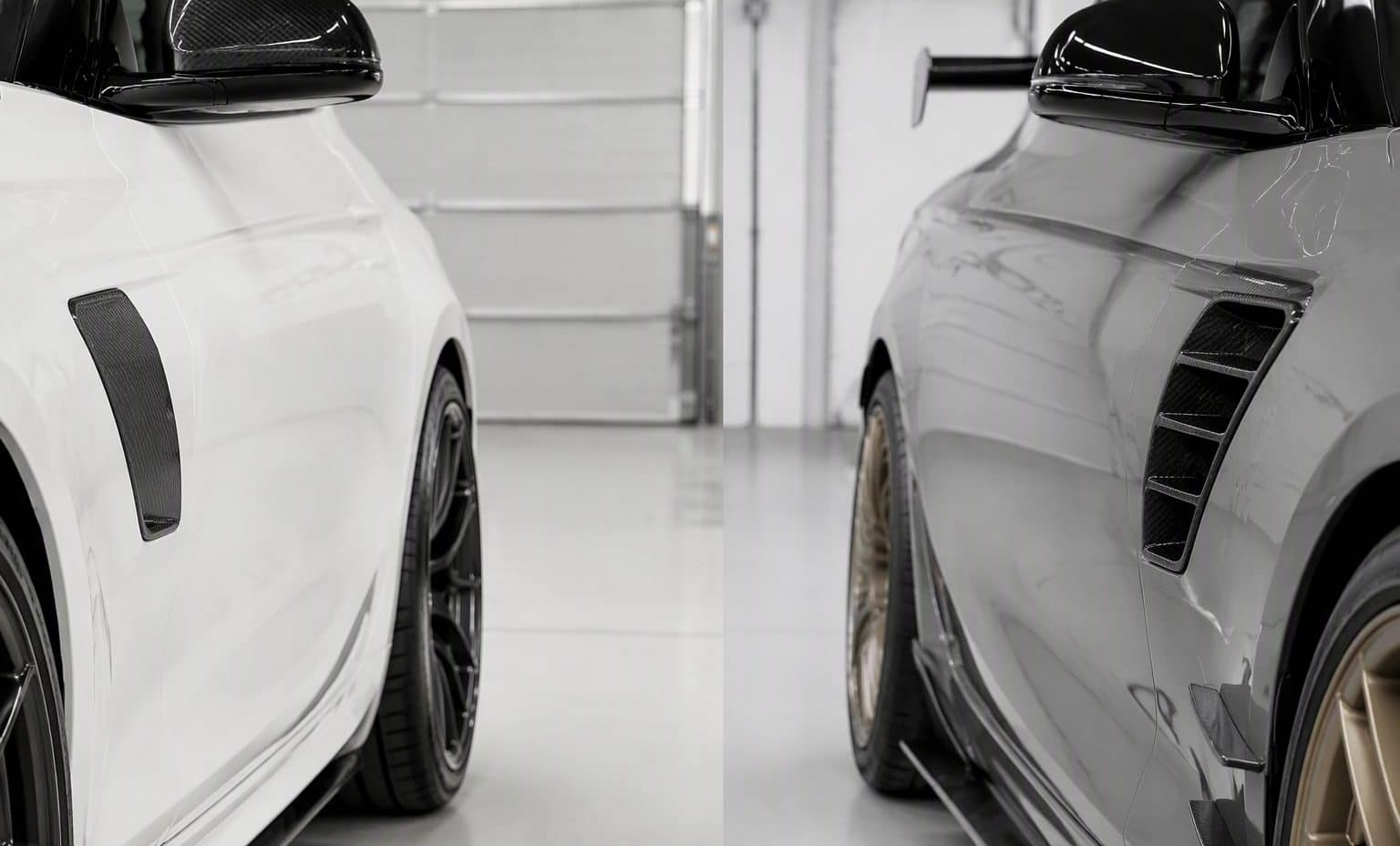 Closed decorative carbon fiber fender vents next to open functional louvered vents on a track car