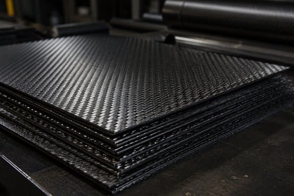 Stack of glossy 2x2 twill custom carbon fiber sheets in factory