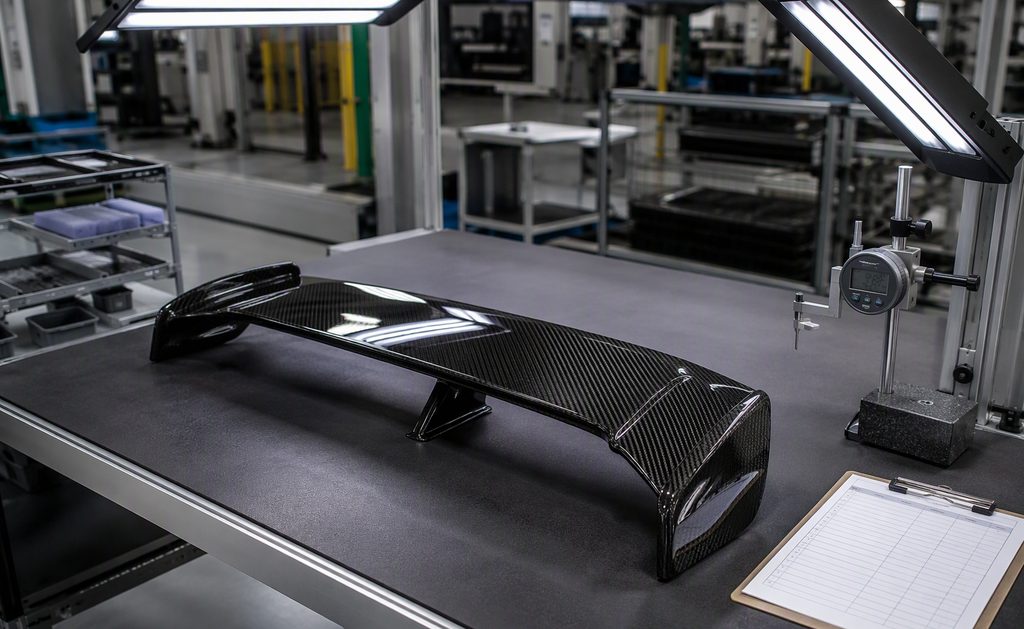 Glossy carbon fiber spoiler under inspection lamps at a final QC station