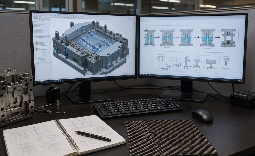 Dual-monitor engineering workstation with mold design CAD