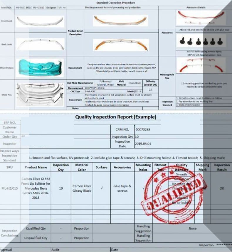 Example of a JC AUTOCARBON quality inspection report with qualified stamp