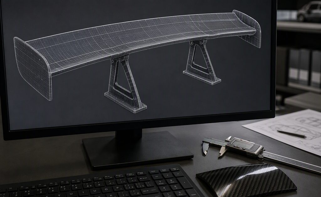 3D CAD design of a carbon fiber car wing on an engineering workstation