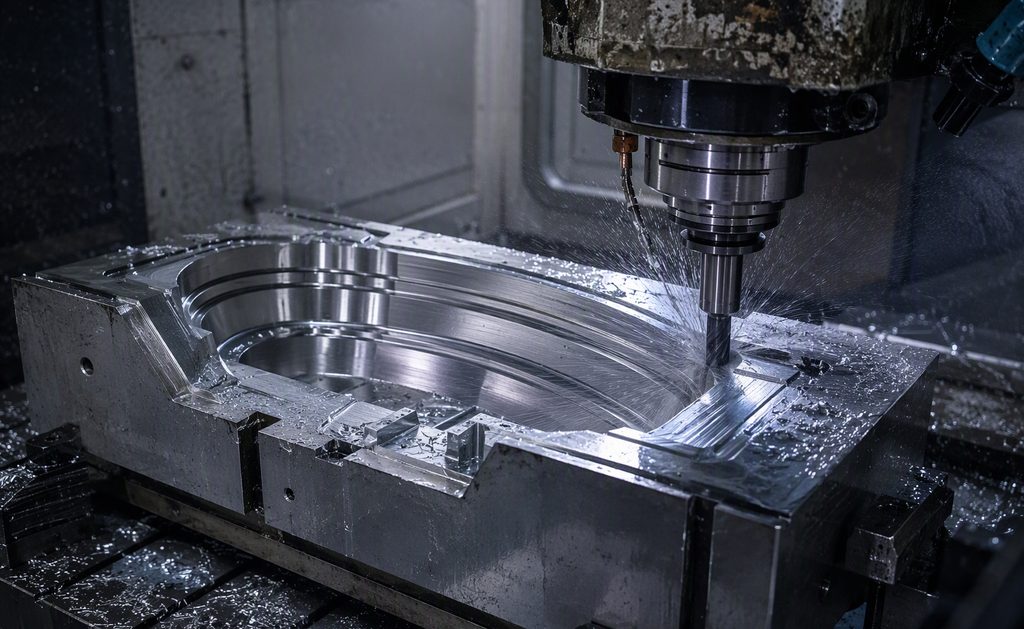 CNC milling machine cutting an aluminum mold for carbon fiber parts