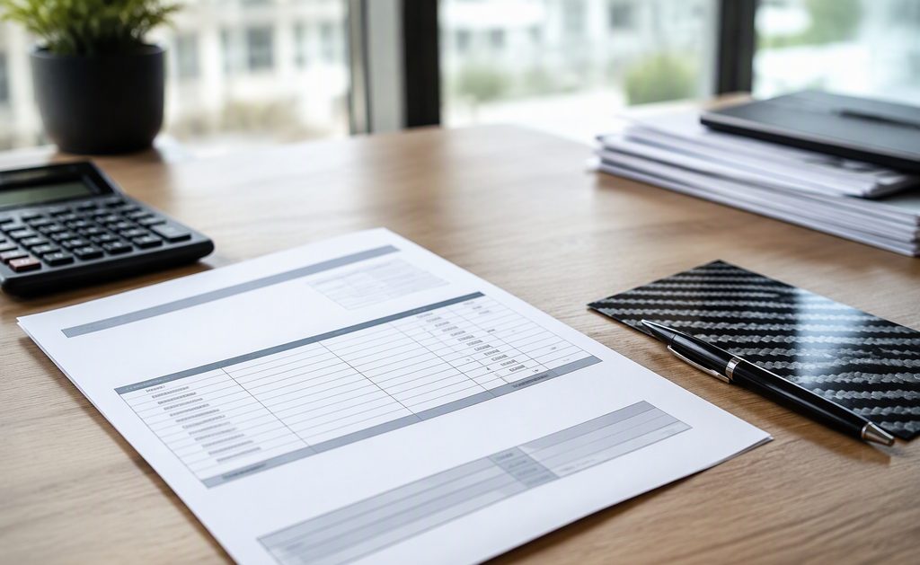 Export invoice, calculator and carbon fiber sample on a business desk