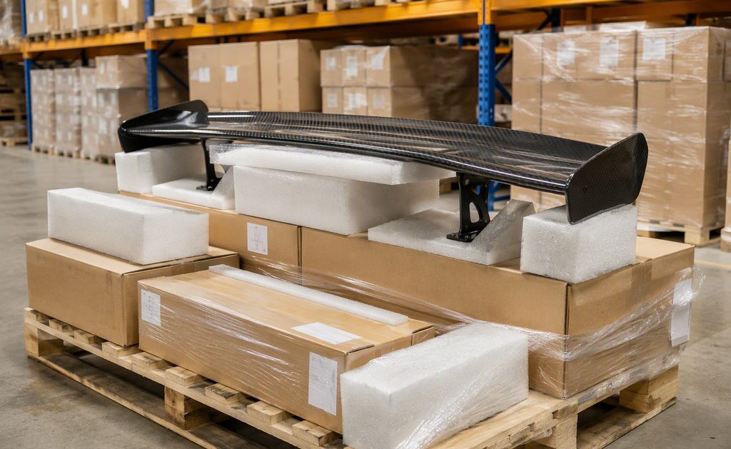 Carbon fiber spoiler packed with foam on an export pallet in a warehouse
