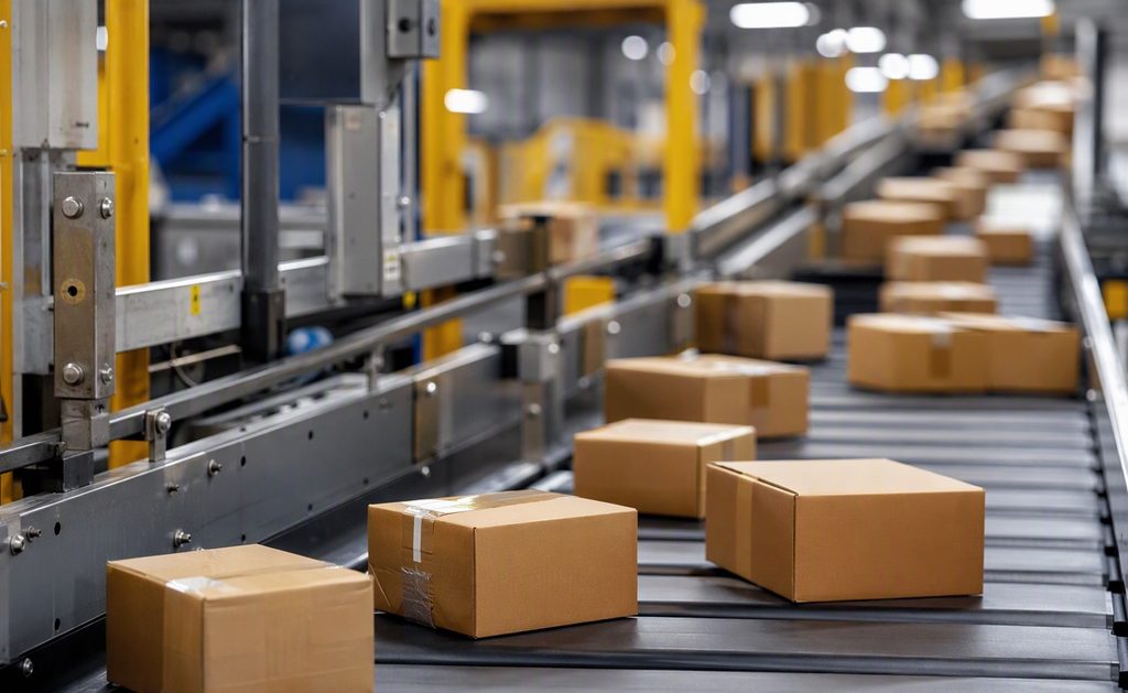 Cardboard boxes on a courier sorting conveyor for express shipping