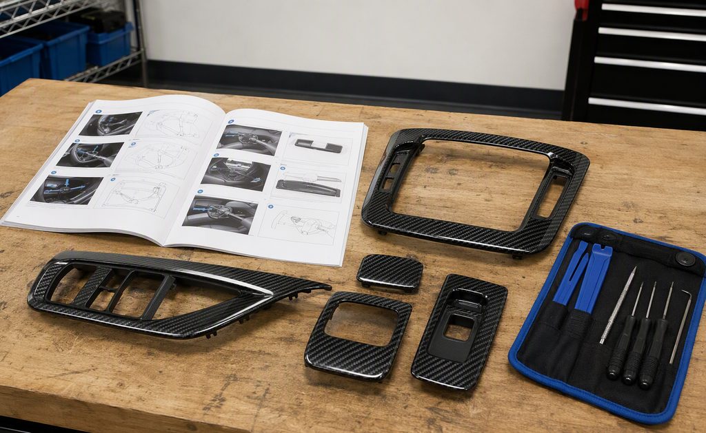 Printed installation manual beside carbon fiber trim and tools