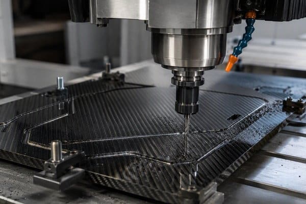CNC machine cutting a custom carbon fiber sheet to drawing