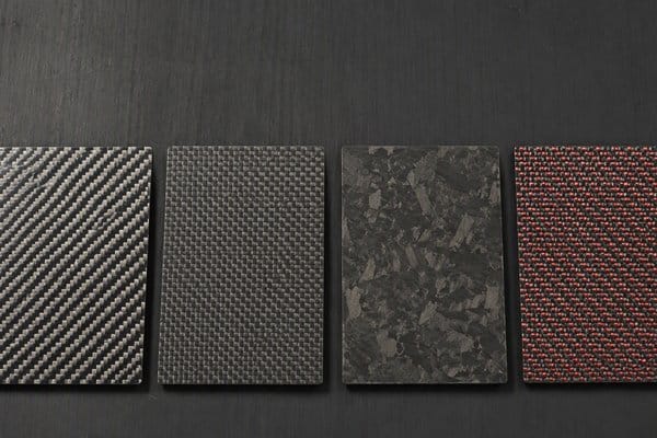 Carbon fiber weave options: twill, plain, forged and colored hybrid samples